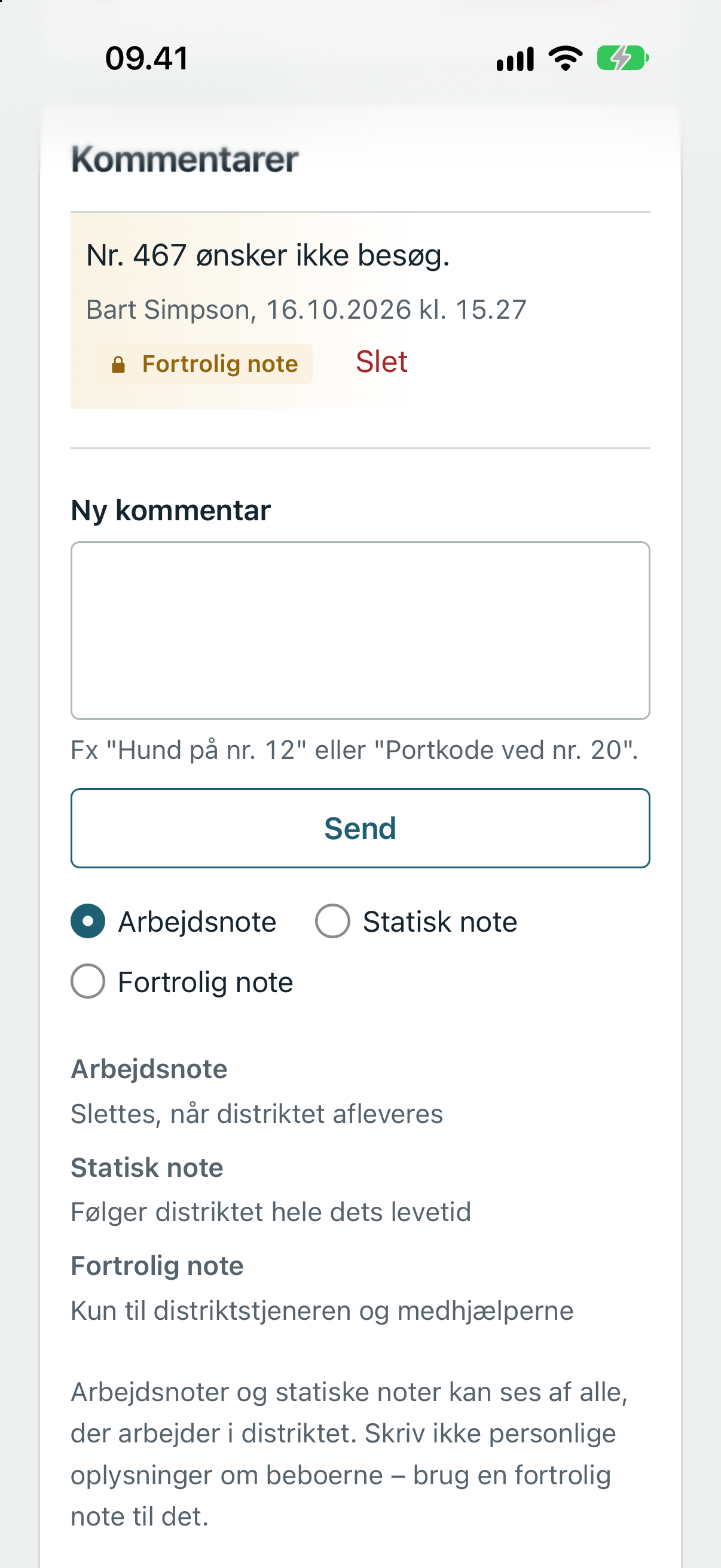 Noter og ikke-besøg i et distrikt på telefon