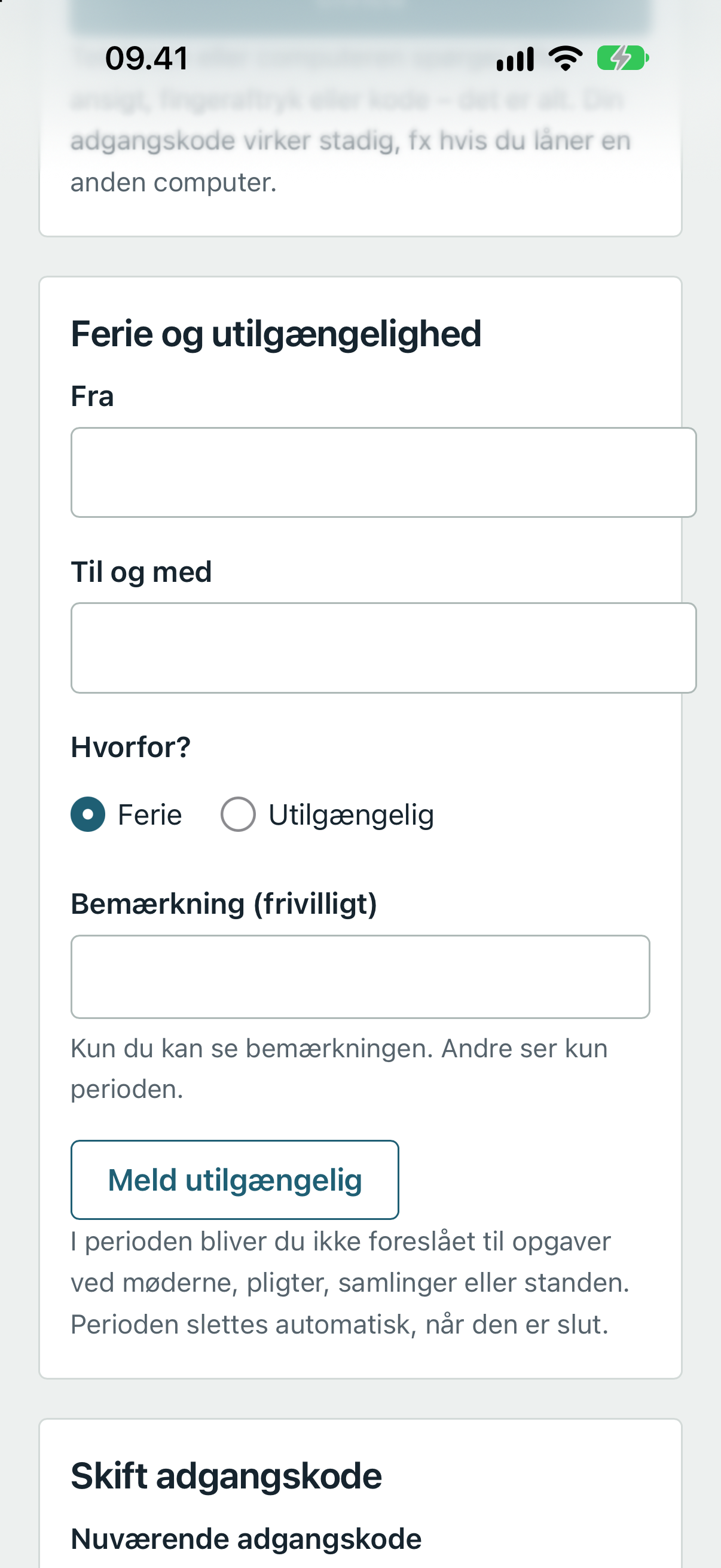 Meld ferie eller utilgængelighed på telefon