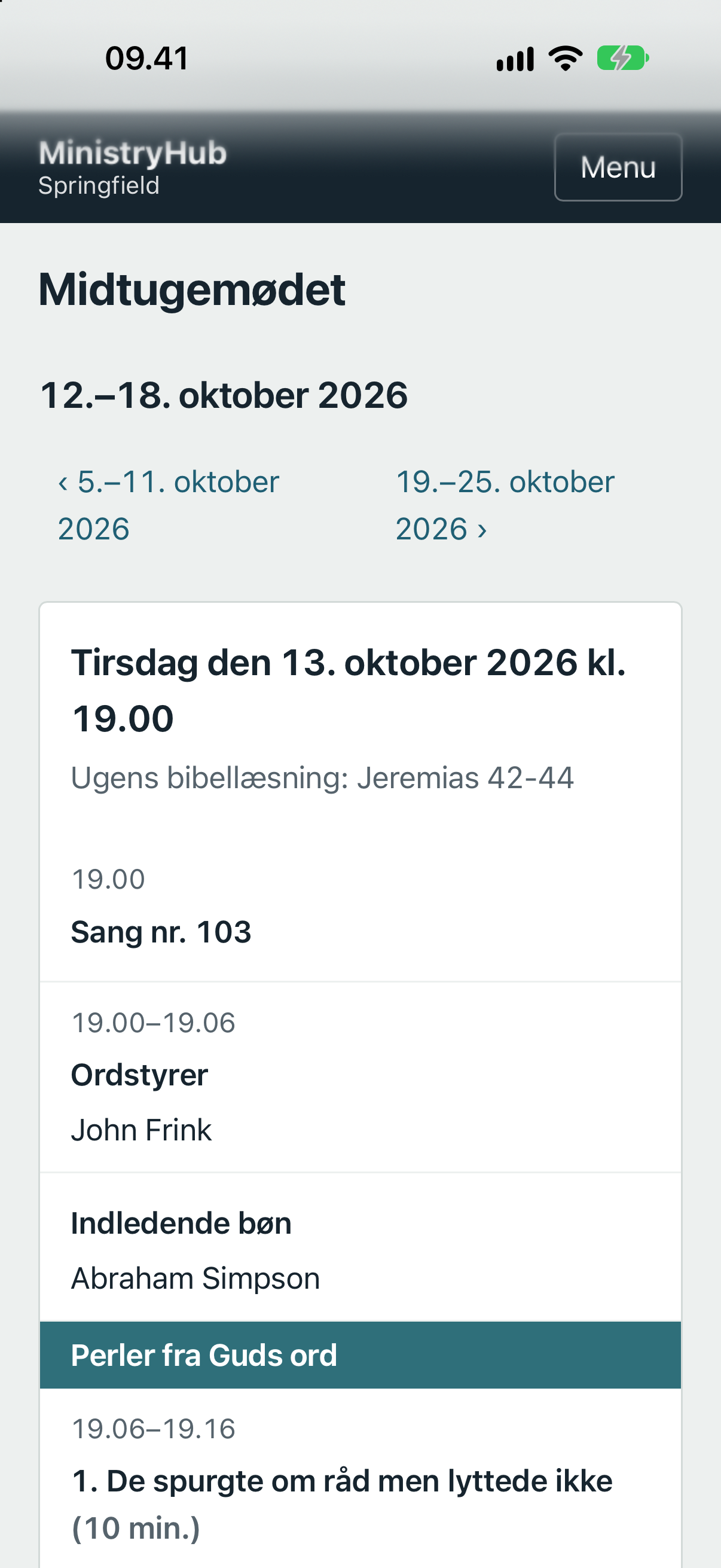 Ugens program for midtugemødet på telefon