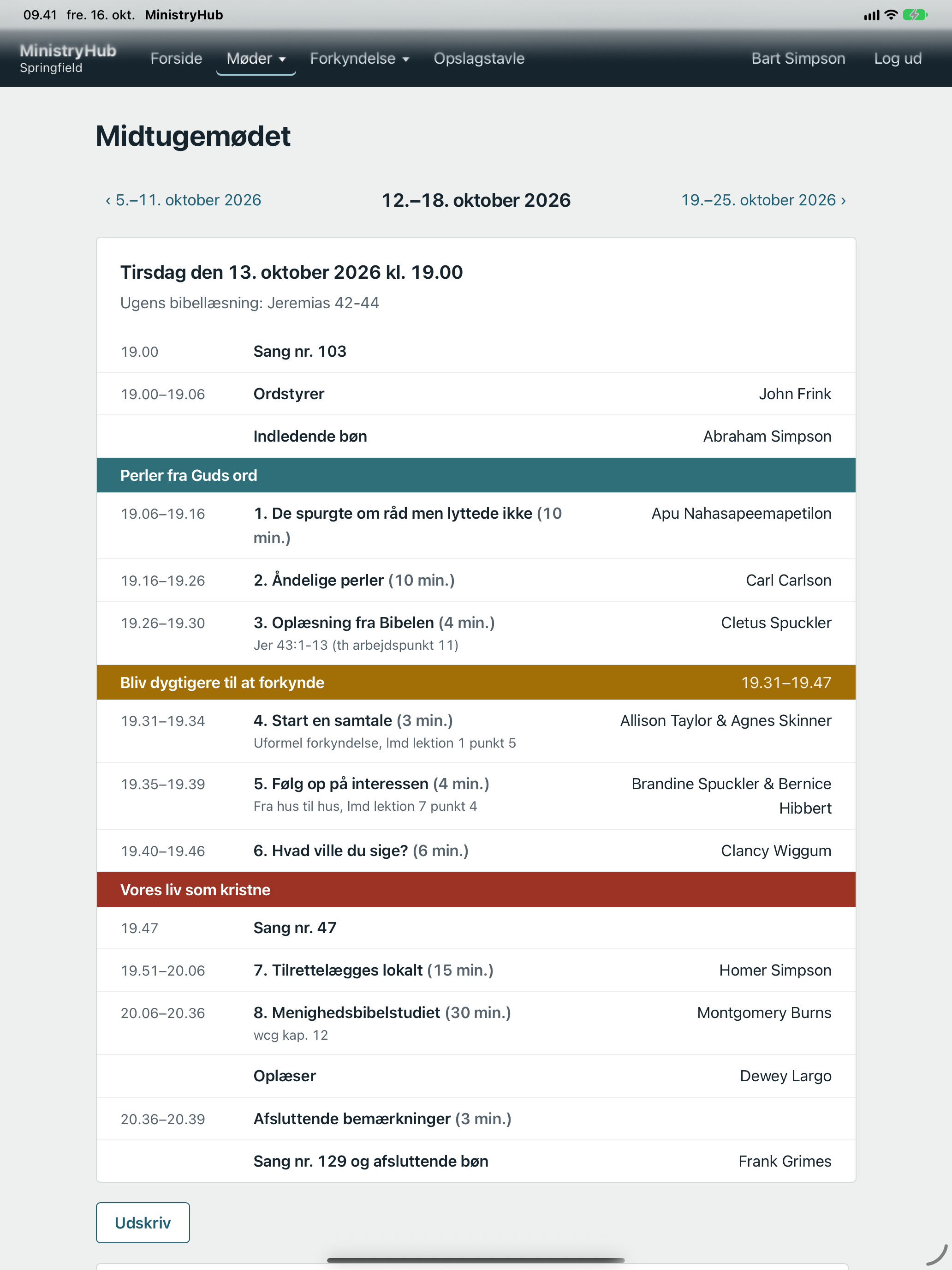 Ugens program for midtugemødet på tablet