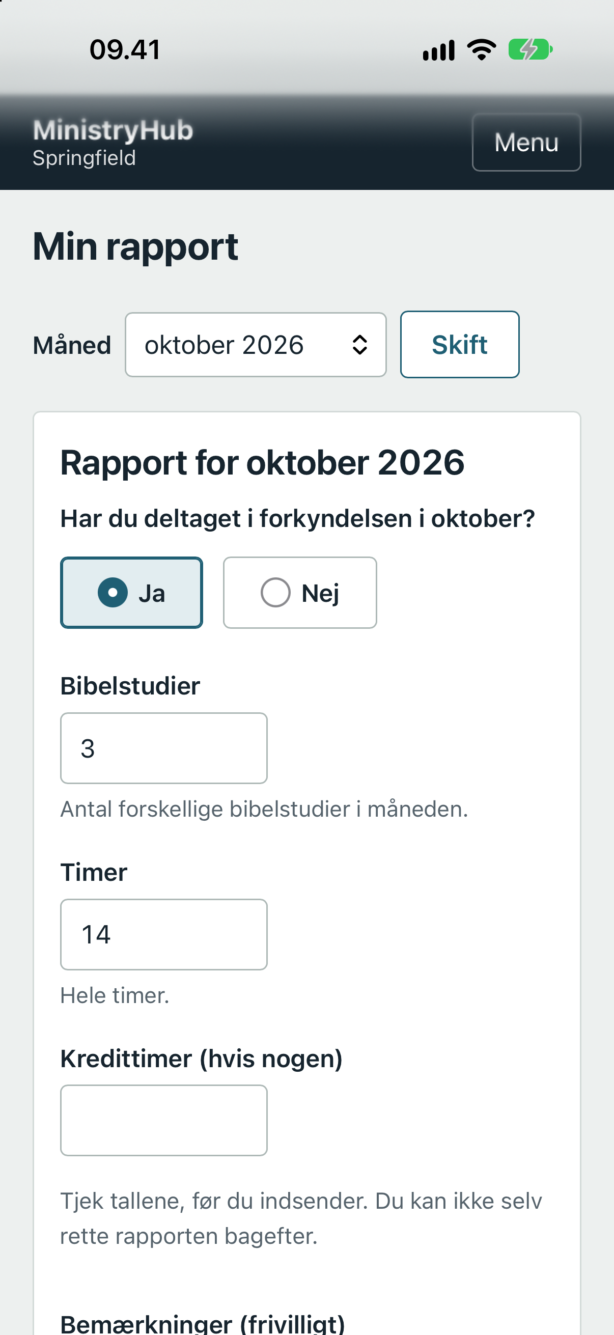 Indberetning af tjenesterapporten på telefon